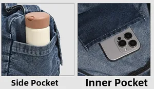 Detail view of denim messenger bag side pockets holding a water bottle and smartphone