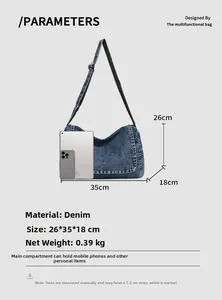 Denim messenger bag dimensions 35x18x26cm showing capacity for tablets and smartphones