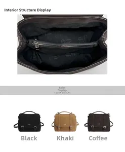 Detail view of large capacity vintage crossbody bags in black, khaki, and coffee colors