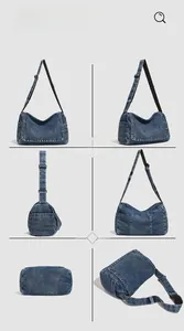 Detailed views of a vintage denim messenger bag with contrast stitching and adjustable strap