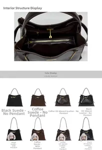Detail view of the interior zip pocket and variant selection of women retro bucket bags