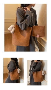 Brown woven texture tote bag set with matching zipper pouch and plush rabbit charm