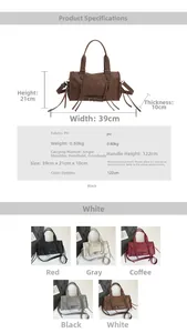 Detailed size chart and multi-color options for large capacity PU leather tote bag
