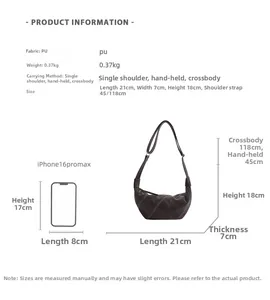 Guide des tailles du sac vintage en PU affichant dimensions 21x7x18cm et styles