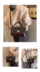Detail of vintage patchwork crossbody bag with diamond quilting and gold twist-lock closure