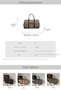 Detailed size specifications for canvas travel bag featuring 44cm width and color options