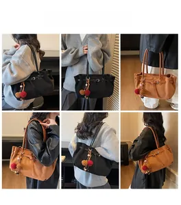 Various angles of large capacity retro tote bag with fuzzy pompom charm for women