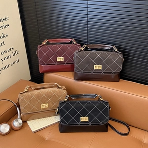 Women Retro Rhombus Quilted PU Leather Shoulder Bag Fashion Gold Lock Square Crossbody Handbag With Top Handle Spacious