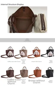 Detail view of leather bucket bags with removable canvas liner and plush charm