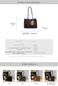 Retro PU leather tote bag details with size dimensions and multi-color options