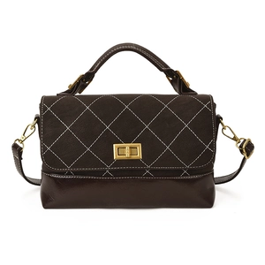 Brown retro crossbody bag with quilted rhombus pattern and gold twist lock closure