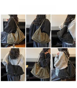 Detail view of large minimalist leather tote bag showing model fit and shoulder strap quality
