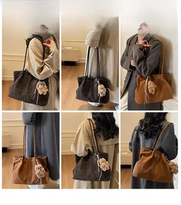 Multi-angle view of large suede tote bags with white stitching and bear pendant