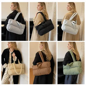 Collage of quilted puffer tote bags in six colors shown in casual indoor settings