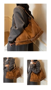 Detailed views of a large brown suede tote bag with stylish buckle strap and soft texture
