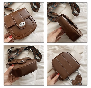 Detailed views of brown saddle bag with ethnic pattern wide strap and silver metal lock