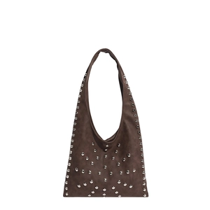 Retro dark brown suede hobo tote bag with silver rivet studs for 2025 fashion