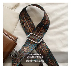 Detail of adjustable ethnic style jacquard strap with intricate geometric patterns