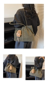 Detailed view of olive green tote bag featuring white contrast stitching and bear charm