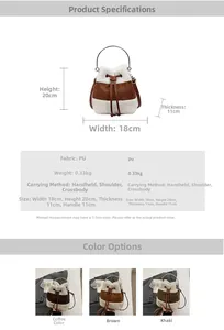 Detailed size chart and specifications for the plush suede bucket bag with color blocking