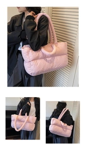 Pink quilted tote bag with long and short handles shown on model in various styles