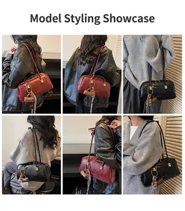 Collage de bolsos de hombro vintage negros y marrones con colgantes de corazón y rayas