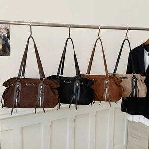 Retro suede tote bag with dual zippers and drawstring side details in four colors
