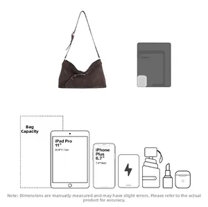 Detail showing the large capacity of this coffee brown suede tote bag for iPad and iPhone