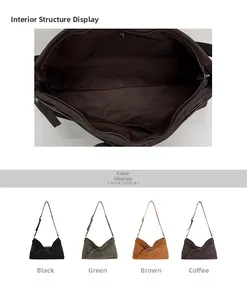 Detail of hobo bag interior structure and four color options in suede material