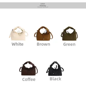 Collection of textured crossbody bags in five colors with drawstring detail and slim straps
