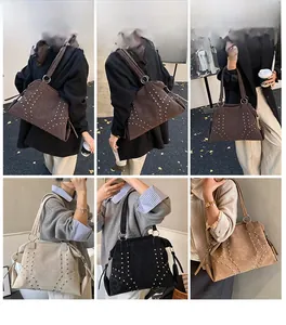 Vues multiples d'un sac cabas vintage à rivets en plusieurs couleurs pour le style