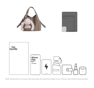 Detailed internal capacity layout for taupe leather tote showing storage for iPad and phone