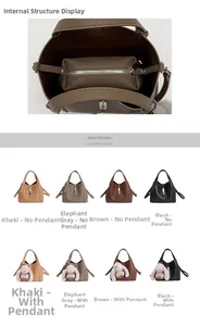 Detailed interior of litchi leather bucket bag showing inner pouch and color options