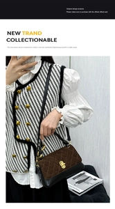 Close-up of diamond quilted suede flap and gold twist lock on two-tone crossbody bag
