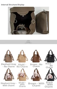 Detailed view of bucket bag interior with pouch and various color options available