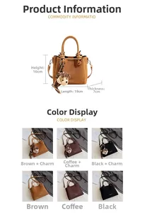 Detailed view of bucket bag dimensions and colors with dog charm accessory
