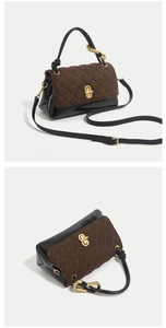 Detail of quilted suede flap, U-shaped gold hardware, and unique knotted handle on handbag