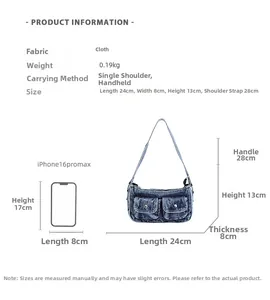 Size chart showing denim shoulder bag dimensions 24x8x13cm and product specifications