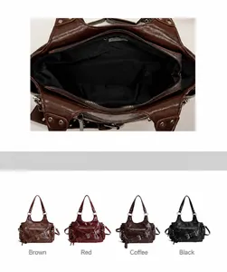 Detail view of oil wax leather handbag interior lining and color options display