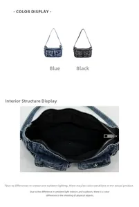 Macro view of washed denim crossbody bag featuring dual front pockets and zip closure