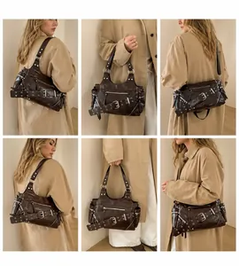 Detailed views of vintage biker tote bag with studs and zippers in various styles