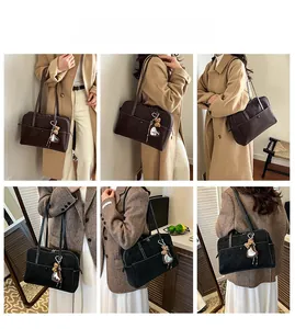Collage of model wearing vintage brown and black tote bags with leopard bow and heart mirror