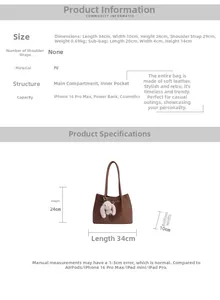 Detailed dimensions of brown PU leather tote bag with plush bunny charm and sub-bag