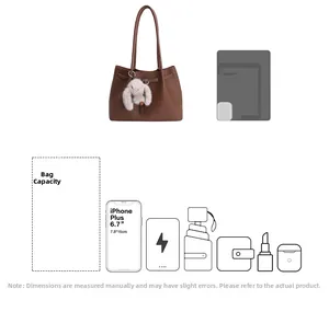 Brown lychee leather tote bag internal capacity showing storage for a 6.7 inch smartphone