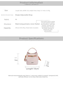 Detail showing beige linen bucket bag dimensions 18x13x18cm with brown PU leather trim