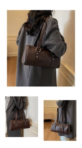Detailed views of a dark brown cylinder bag with silver hardware and shoulder straps