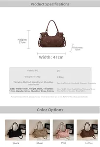 Tabla detallada con dimensiones y cuatro opciones de color del bolso de ante sintético