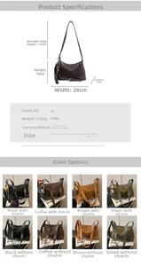 Detailed spec sheet showing vintage PU leather tote dimensions and multi-color options