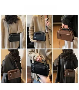 Collage de sacs à bandoulière carrés chic en noir et marron portés avec style