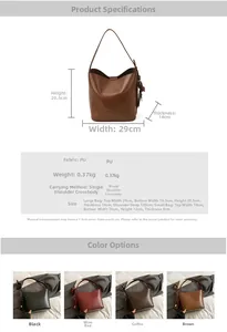 Detailed size chart for vintage PU leather bucket bag with inner pouch and shoulder strap